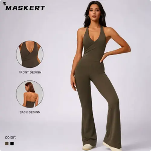 MASKERT Women's Backless Halter Sports Jumpsuit Tummy Control Buttery Soft Activewear for Daily Wear & Training