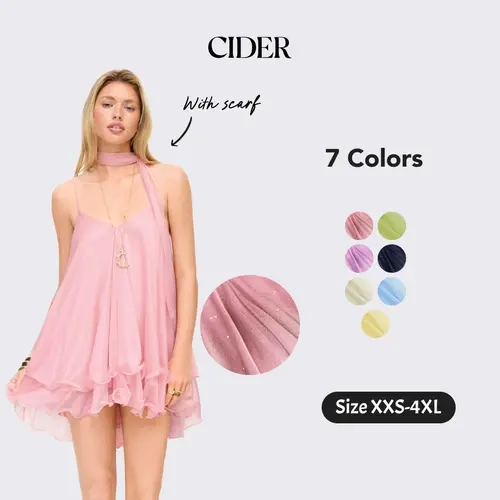Cider Women's Sequin V-Neck Sleeveless Halter Ruffled Hem Oversized Mini Dress with Ruffled Bow, Polyester Knit Scarf, Summer Halter Ruffle Casual Dress