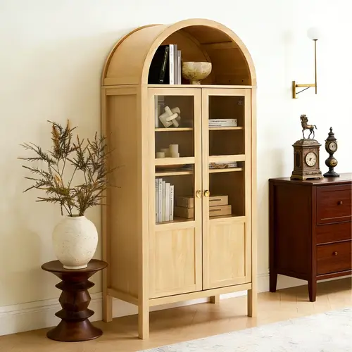 Sweetcrispy High Arched Curved Decorative Bookshelf Cabinet - 4-Tier Furniture with Tempered Glass Doors, 2-Drawer Sorting, Easy DIY, 26 Screw Stickers, Storage & Display for Living Room Home Decor
