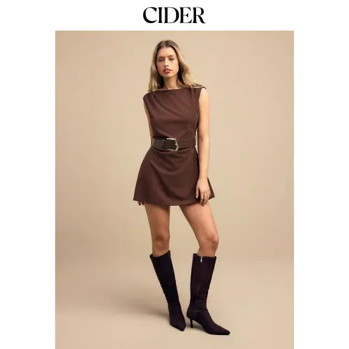 Cider Napoleonic Core Boat Neck Ruched Belted A-line Mini Dress Napoleon