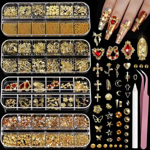 4-Boxes 3D Effect Nail Gems & Charms Set, Nail Accessories & Supplies Kit with 0.4 to 2.0mm Cross/Heart Rhinestones/Pearls, ABS Art Tools, Stay-Put Decoration for Everyday Manicures, DIY Crafts