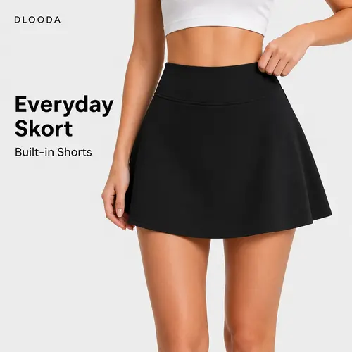 DLOODA Women's High-Waist Stretchy Skorts - Plain Flared Polyester Above-the-Knee Shorts + Skirt Mix, Tennis Golf Skirts for Workout, Gym-to-Golf Wear