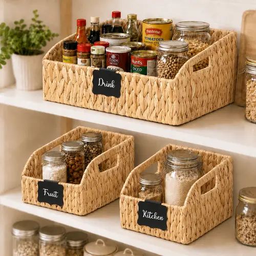 3-Pack Slanted Front Storage Baskets, 2 Sizes (1 Large + 2 Small) Woven Water Hyacinth, Paper Rope & Synthetic Rattan Wicker Bins with Handles & Chalkboard Labels, Home Organizers for Kitchen Cabinet, Pantry, Closet, French Country, Canastas Organizadoras