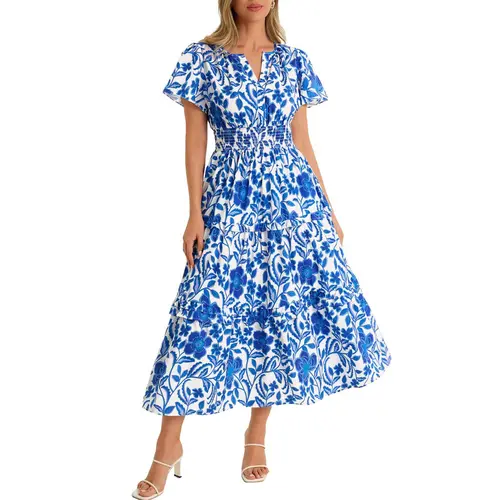 Wenrine Women's Casual Wear Boho Sundress - Lightweight Flowy Woven Polyester Blend Fabric Short-Sleeve V-Neck Smocked Tiered Skirt Bohemian Dress, Machine Washable for Beach Holiday
