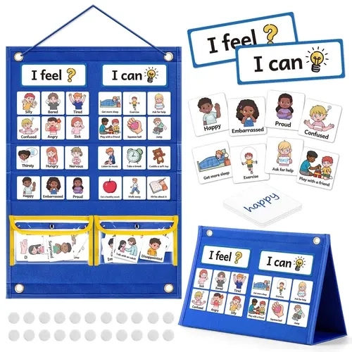 Torlam Unisex Felt Feelings & Emotions Learning Chart Activity Board - Stress Relief Toy, Social Emotional Learning Tool, Behavior Management Aid, 24 Activity Ideas, Classroom Supplies, Sticker-Equipped Flashcard Set for Emotional Skills Calm Down Corner