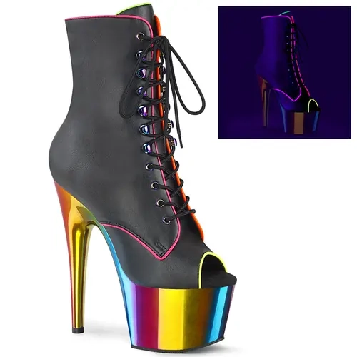 Pleaser Women's Adore-1021RC-02 Black Vegan Leather/Multicolor Synthetic Ankle Boot - Lace-Up, Bold Platform Lift, Avant Garde Fashion, Rock Style Addition, All-Season Shoes, Pleaser Heels