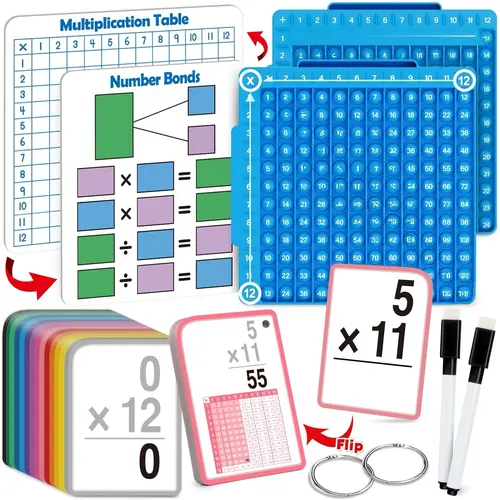 Torlam Unisex 12x12 Learning Activity Set - Math Practice Tool, Multiplication Flash Cards, Different Colored Cards, Dry-Erase Math Board, Educational Manipulatives, Stress Relief, Convenient Organization for Elementary Classrooms