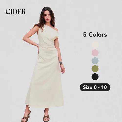 Cider [5 colors, size 0-10] Asymmetrical Neck Solid Maxi Dress, Bodycon, Office Outfit, Date Vacation