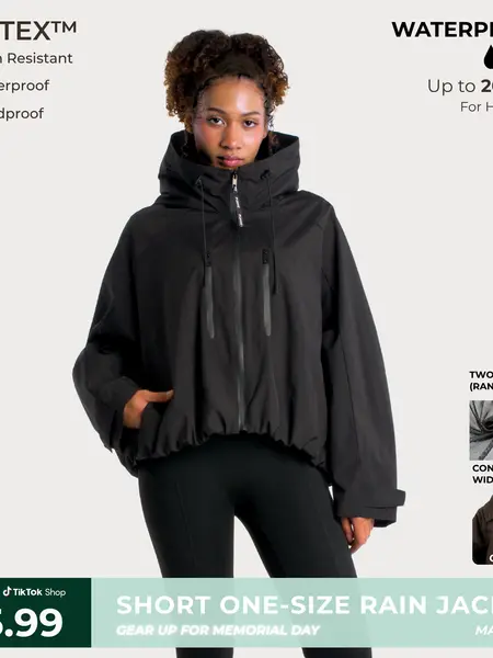 【Restocked】PUFFIT STM-TEX Short One-Size Rain Jacket With Pleated Hem,Hooded Jacket,Waterproof Jacket,Women Jacket,Wide-Brim Hood,Adjustable Cuffs,Zips,Outdoor Sport,Statements,Windbreaker,Spring,Dog Walking,School Running,Football Mum,Stylish,Womenswear