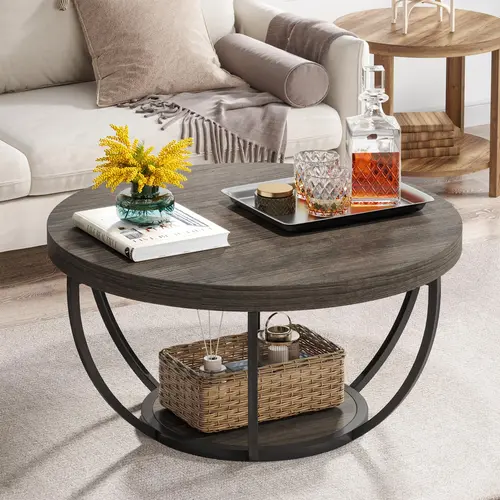 Tribesigns Round Coffee Table, Industrial 2-Tier Circle Table with Storage Shelves, 31.7" Wooden Accent Center Table for Living Room, Home Office