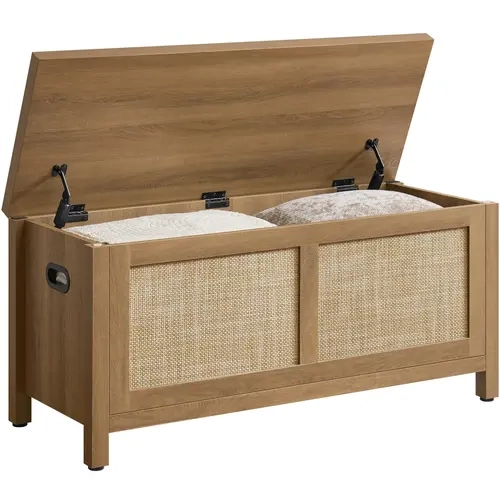 SICOTAS Rectangular Oak Rattan Storage Chest Bench - 39.4"w x15.5"d x18.9"h Engineered Wood Furniture, Soft-Close Lid, 2 Safety Hinges, Flip Top, Side Handles, Single Seat, Pre-Labeled Parts, Supports 220 lb, Assembly Required for Bedroom, Living Room