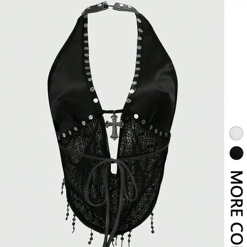 Sheer Mesh Top with Beaded Tassels Halter Cut Out Tied - Ideal for Date Nights, Parties & Gothic Outfits | Y2K Fashion, Grunge Aesthetic, Edgy Going Out Top
