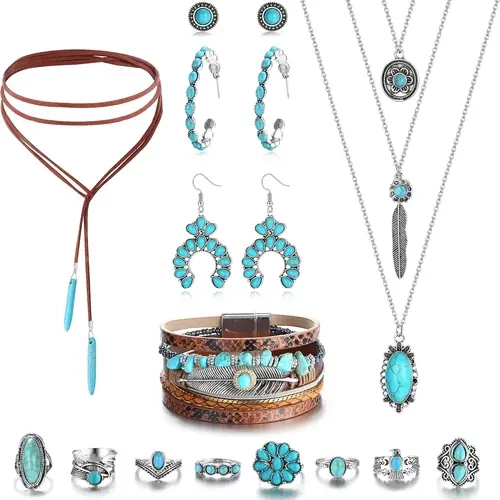 Helicopchain Western Matching Elegant Trendy Boho Jewellery Gift Set for Women, Bohemian Turquoise Pendant Choker Necklace, Faux Leather Cuff Bracelet and Hoop Earrings