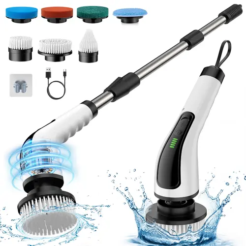 Dovety Upgraded Plastic Cordless Electric Spin Scrubber - Home Cleaning Gadget with 7 Replaceable Heads, Crevice Brush, Extension Handle, 2 Adjustable Speeds, Fast-Charging Cable for Bathtub Grout Tile, Floor Scrubbing Brush, Handheld Cleaning Tool