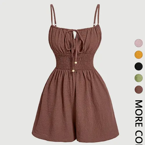 Women's Casual Solid Fitted Sleeveless Romper with Adjustable Front Tie and Elastic Waist, Stylish Jumpsuit for Summer, Trendy Fashion Clothes for Ladies