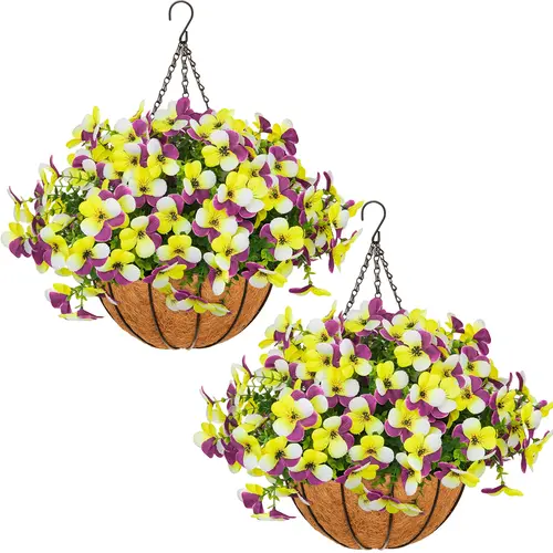 2-Pcs Silk Fabric Hanging Baskets with Lifelike UV-Resistant Daisies, Eucalyptus Leaves & Artificial Pansies, Easy-to-Hang Garden Planters, Ideal for Balconies & Gardens, Home Improvement Supplies