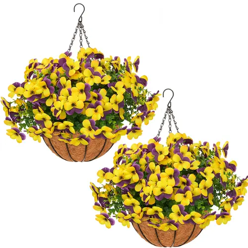 2-Pcs [Purple White] Artificial Pansy Hanging Baskets - UV-Resistant, Lifelike Appearance, Silk Fabric with Vibrant Daisies & Eucalyptus Leaves, Easy to Hang Outdoor Decoration for Gardens, Enhances Outdoor Space