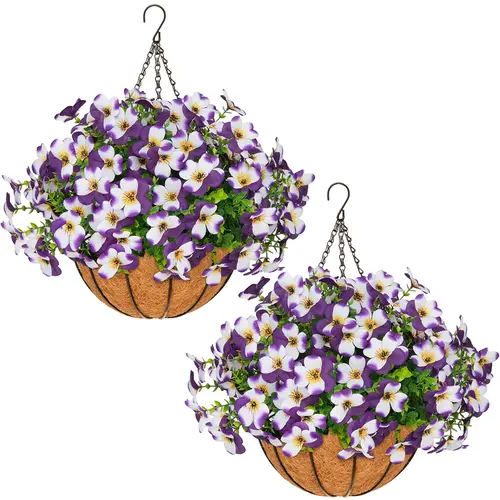 2 Pcs Artificial pansy hanging plant basket, perfect for summer outdoor decoration, made of realistic silk material, UV-resistant, featuring vibrant daisies and eucalyptus leaves, suitable for porches, homes, patios, balconies, and gardens. tiktokshopspri