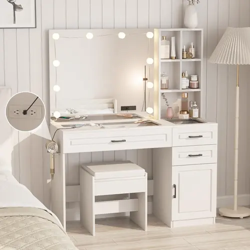 Vabches Sturdy Makeup Vanity Desk with Glass Top & Mirror, Waterproof Surface, Adjustable Features, Power Outlet, Ample Storage Drawers, Beauty Organization, Assembly Required, Indoor Furniture for Dorms, Changing Room