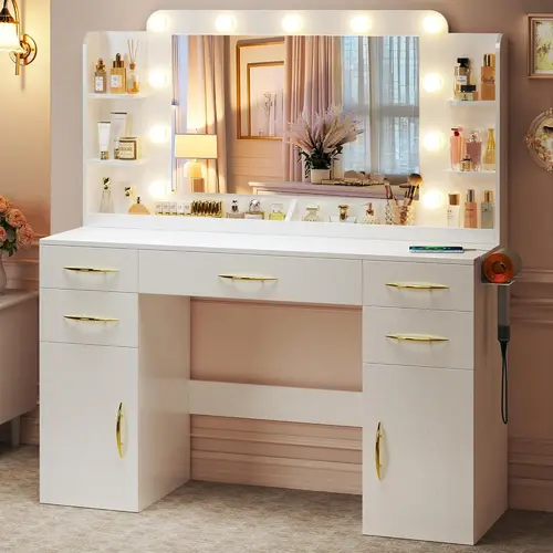 Large Makeup Vanity Desk with Lights, 50" Wide Vanity Table with Mirror & 3 Lighting Modes, Built-in Power Outlet, 5 Drawers & 2 Cabinets, Spacious 23.6" Legroom, White