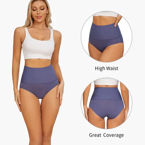 FINETOO Women's High-Waist Seamless Comfy Fit Panties, 4-Pack High Cut Knickers with Breathable Soft Fabric, Button-Accented Fantasy Underwear for Invisible Stretch Fit