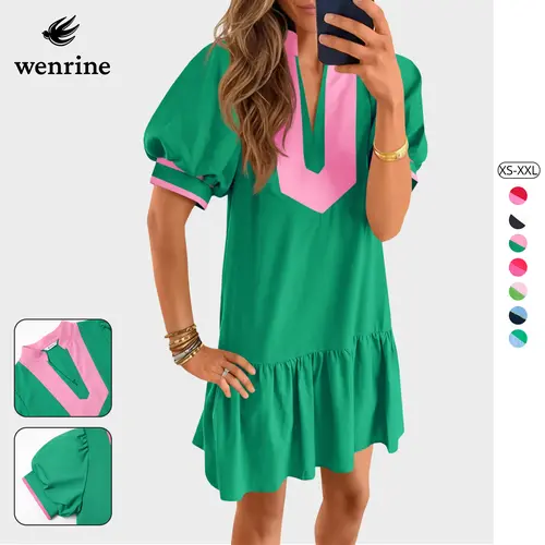 Wenrine Women's Chic Woven Summer Mini Dress - Casual V-Neck A-Line Beach Dress with Short Puff Sleeves, Color Block, Loose Fit, Side Pockets, Cruise Outfits