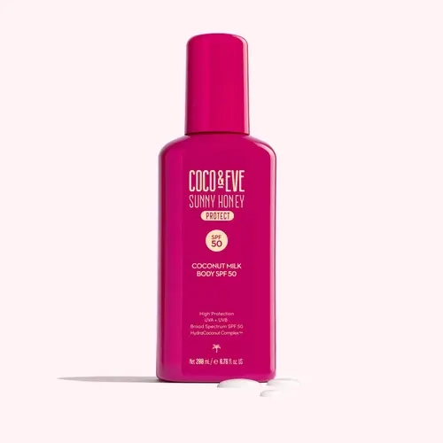 Coco & Eve Sunny Honey Protect Coconut Milk Body Sunscreen SPF 50 - Water-Based Daily Lotion, Broad Spectrum UVA/UVB Protection, Hydrating, Lightweight, Non-Greasy, Scented Body Care with Grapefruit, Pineapple, Watermelon Notes