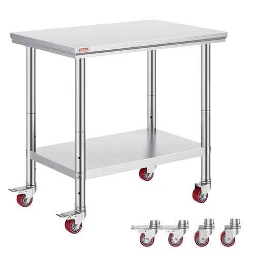 VEVOR Sturdy Wheeled Stainless Steel Work Table (36x24 in) - SUS201 Rust-Resist Steel, 4 Smooth Wheels, 3-Level Shelf, Adjustable NSF Certified, Kitchen Storage Rack Organiser for Prep, Chop, Knead, Store