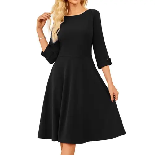 Grace Karin Women's A-Line Boat Neck 3/4 Sleeve Black Casual Formal Dress with Pockets - Elastane Fabric, Medium Stretch, Hidden Zipper, Elegant Classy Stylish Women's Wear for Office