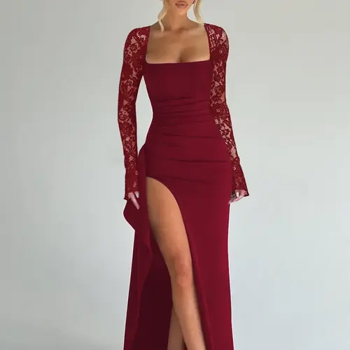 Women's Solid Contrast Lace Long Sleeves Split Thigh Bodycon Dress, Square Neck Ruched Cut Out Backless Lace-up Plain Slit Maxi Dress, Elegant Formal Party Club Date Evening Gown Daily Casual Long Dresses For Ladies Spring & Fall Clothes Wear