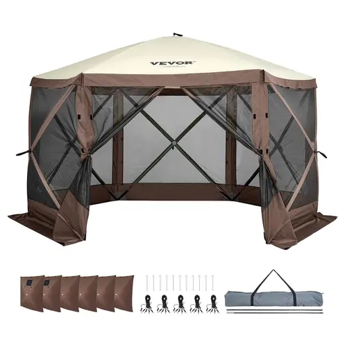 【toolupgrade】VEVOR 12x12 ft Folding Sunshade Canopy Pop-up Gazebo Tent - Waterproof Fabric, 6-Sided B3 Gauze Netting Shelter, Mesh Windows, 2-Way Zipper, Carry Bag, Stakes, Portable Outdoor Shade Tent for Camping, Backyard (Brown/Beige)