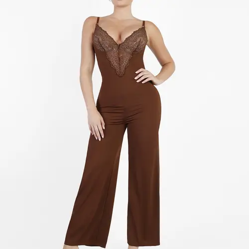 POPILUSH Women's Sleeveless Lace Built-In Shapewear Maxi Jumpsuit - Deep V-Neck, Bra-Free Underwire, Tummy Control, Wide-Leg Casual Dress for Party, Creator Live Events