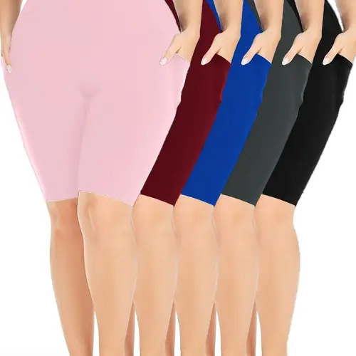 Plus Size - 5-Pack Plus Size High Waist Crescent Shaped Pocket Capri Pants, Casual Style, High Stretch Fabric, Summer Season, Seamless Full Coverage Gym Shorts, Super Soft Stretchy Polyester Blend Activewear for Running, Fitness, Machine Washable Summervi