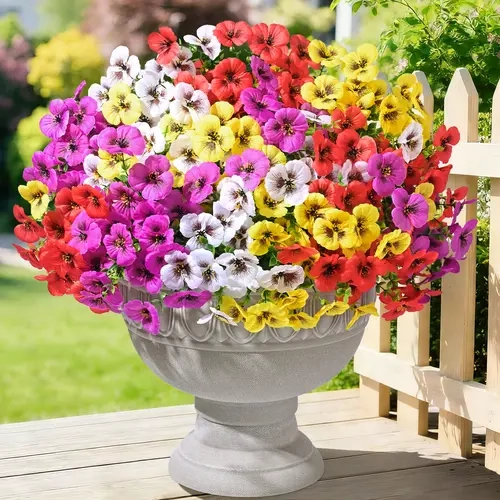 Colorful Decorative Realistic Faux Silk Pansy & Eucalyptus Flower Bundles - UV-Resistant, 4 Mix Colors (Yellow+White+Purple+Red), 12/24 Options (24-Flower Bundle Incl.), Hanging Ornaments for Outdoors, Door, Home, Basket & Box Supplies