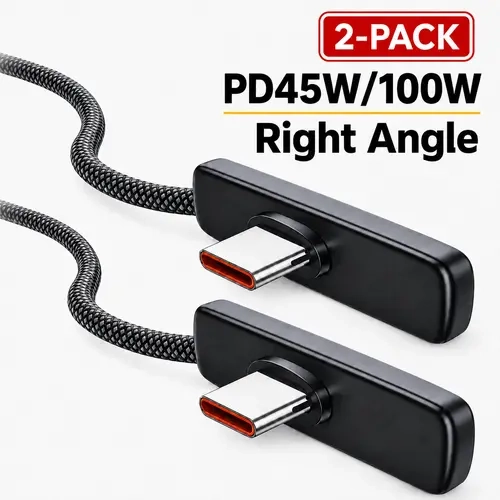 2-Pack Right Angle Braided Durable USB-C to Type C Charging Cable, 6.6feet Super Fast Charger, Supports 45w+, 100w, 240W Compatibility for iPhone15/16/17 Max, iPad Pro, MacBook techvibes