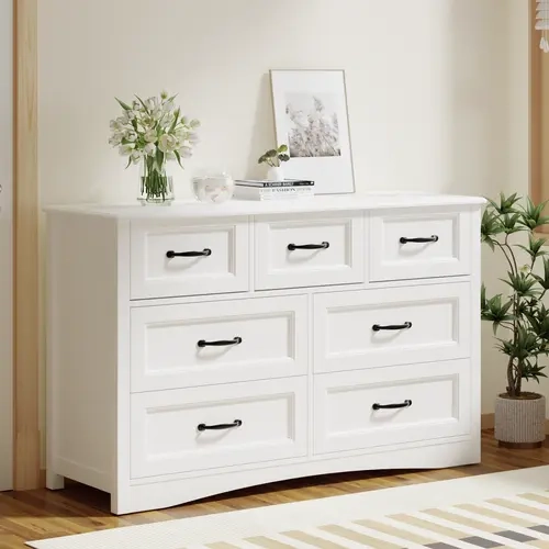 Gizoon 47" Rectangular Wooden Vertical Chest - Sturdy 3+4 Drawer Mix Furniture, White Modern Bedroom Dresser, Anti-Tipping Safe, Space-Saving Storage Unit, Assembly Required with Easy-to-Follow Instructions