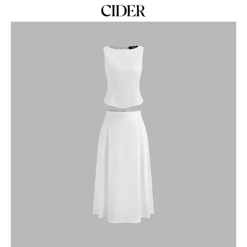 Cider Woven Boat Neck Solid Tank Top & Mid Rise Midi Skirt