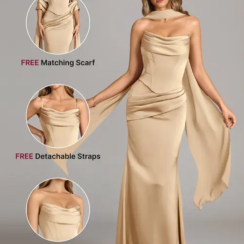 AZAZIE Sorrel Wedding Guest Gown for Women, 2-Piece Luminous Satin Mermaid Dress with Cowl Neck, Lace-up Corset Top & Chiffon Scarf, Gowns