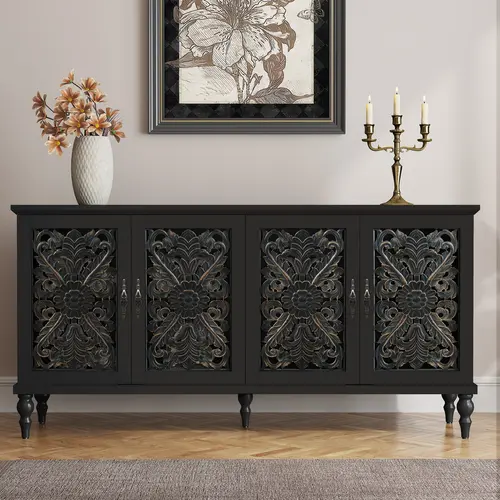 【Fall Deals】HLR Vintage Carved 4-Door Storage Cabinet, Black Buffet Storage Cabinet with Decorative Floral Doors, Sideboard Cabinet for Living Room, Dining Room, Entryway, Bedroom & Coffee Bar