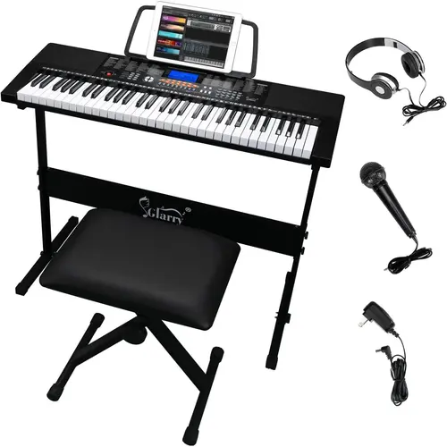 GLARRY 61-Key Portable Digital Piano Keyboard All-in-1 Compact Electronic Kit for Beginners - Festival Gift, LCD Screen, Stand, Microphone, Headphones, Bench, Teaching Modes, Built-In Speakers, 30 Demo Songs, 300 Rhythms, Compact for Easy Storage