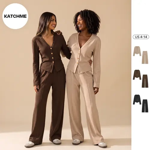 Katch Me Chic(US/CN)Women's Cozy V-Neck Button Long Sleeve Top & High Waist Wide Leg Trousers Co-ord, Minimalist Two Piece Outfits, Basic Womenswear, Casual Loungewear Set (2)