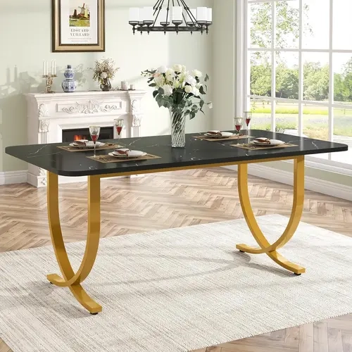 Tribesigns Rectangular Dining Table for 4, 63 Inches Modern Kitchen Table with Faux Marble Table Top and Metal Legs for Dining Room, Kitchen, Black & Gold