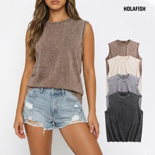 Holafish Oversized Womens Unisex Vintage Acid Washed Tank Top for Women Hip-length Fit ,Sleeveless tTshirt Crewneck Loose Fit Cotton Shirt,Relaxed Fit Tops Gyms Wash T-Shirt Running Beach Loose Fiting Undershirt Casual Leggings