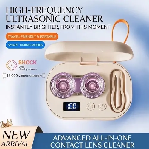 ZENOTTIC Contact Lens Cleaner Set - Compact Travel-Friendly Design Kit with High-Frequency Vibrations Sonic Washer, 4 Timed Modes, Smart LED Display, Sleek Case, Mirror + Tweezers for Daily & Deep Weekly Hands-Free Cleaning