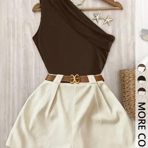 Contrast One-Shoulder Top & Pleated Shorts Matching Set - Ideal for Date Nights, Vacations & Brunch | Comfortable Two-Piece Set, Quiet Luxury Aesthetic - Chic Trendy Baddie Outfit for Office & Going Out | Viral （No Belt）