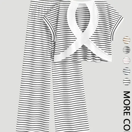 2-Piece Black & White Stripe Cross Back Crop Top & High Waist Wide Leg Pants Set - Soft Loungewear & Casual Outfit for Home and Daily Wear , Striped Cutout Top & Pants Matching Set - Ideal for Lounging, Casual Outings, and Brunch