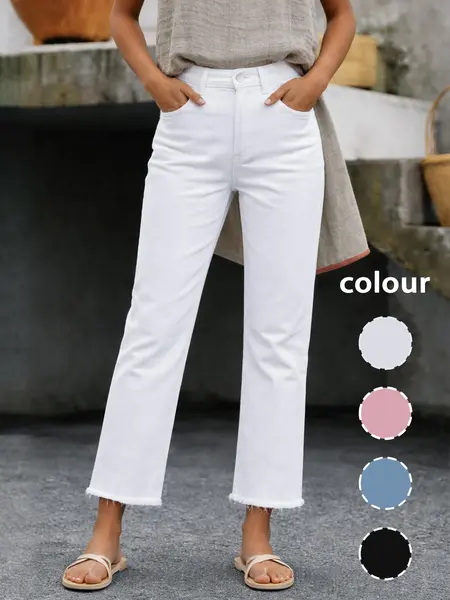 New Spring Summer Women's Fashion Simple Slim Fit High Waist Nine-Inch Pants, Small Straight Leg All-Season Commuter Frayed Hem Jeans
