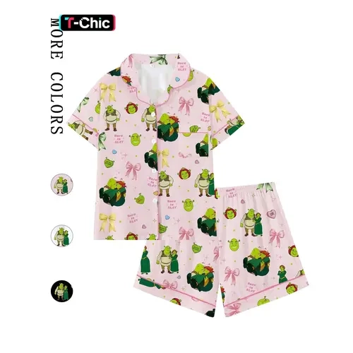 Teen Shrek Movie Cute Cartoon Print Bow Collar Short Sleeve Pyjamas Pjs, Printed Sleepwear Set, Comfortable Fashion Sleepwear Loungewear for All Seasons, Princess Fiona Gift, Loose-Fitting