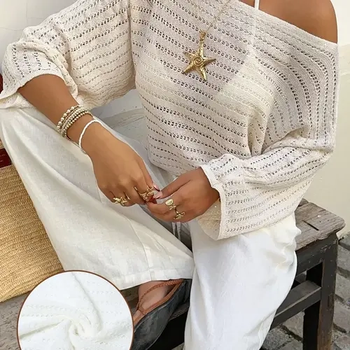 Women's Off-Shoulder Batwing Sleeve Knit Top, Knitwear, Boho Elegant, Flowy and Comfortable, Perfect for Spring and Summer Beach Vacations, Versatile Sun Protection
