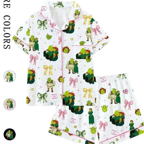 Shrek Movie Cartoon Print Cute Bow Collar Short Sleeve Pajama Set, Comfortable Sleepwear for All Seasons, Princess Fiona Gift, Loose-Fitting Loungewear, Pyjamas, Pjs, Homewear, Everyday, Pajamas Sets
